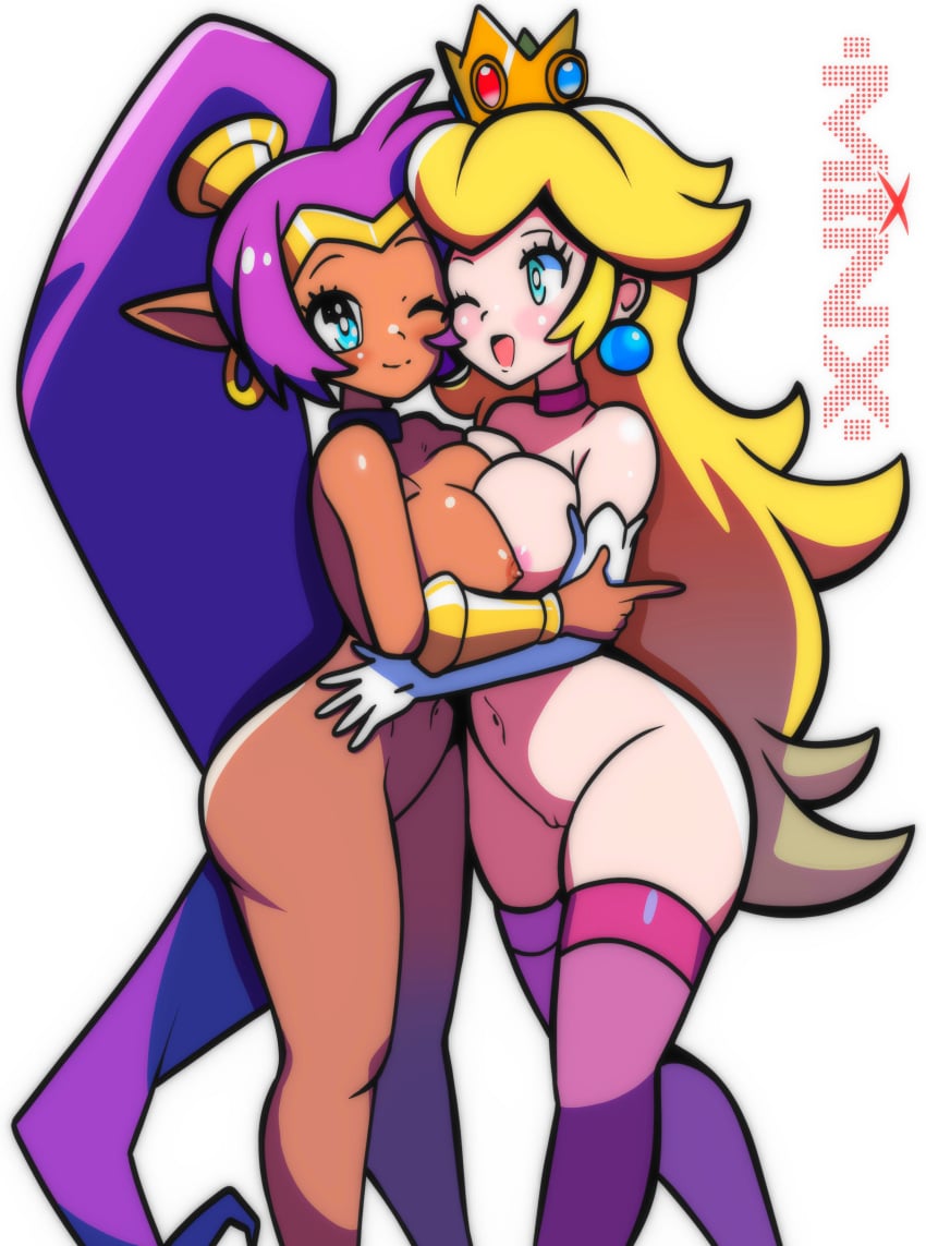 2girls areola ass blonde_hair blue_eyes breasts cleavage crossover crown earrings erect_nipples female female/female female_only girls girls_only hoop_earrings jpeg long_hair looking_at_viewer mario_(series) medium_breasts minx-art multiple_girls nintendo nipples nude only_female pointy_ears ponytail princess_peach purple_hair shantae shantae_(character) simple_background standing tied_hair voluptuous wayforward