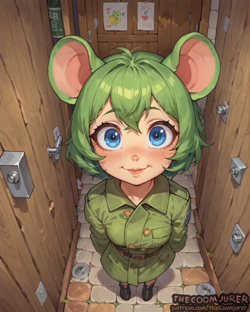 ahoge ai_assisted ai_generated big_ears big_eyes blue_eyes blush eyelashes green_hair hair_between_eyes high_angle kemonomimi mouse_ears mouse_girl short_hair sidelocks smile thecoomjurer trenchcoat