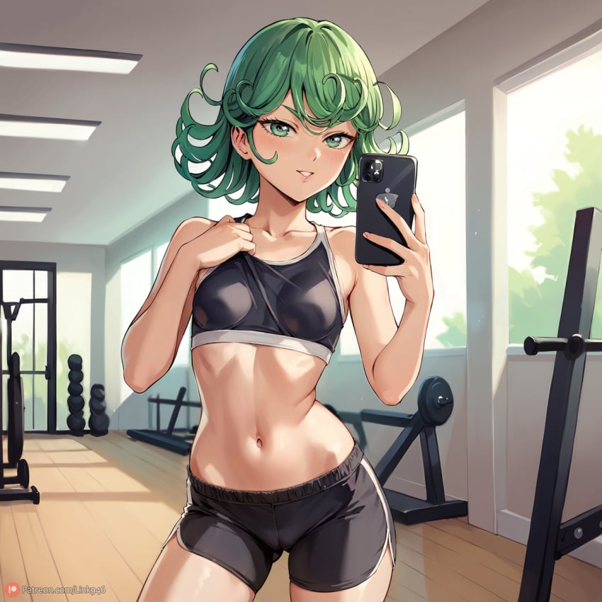 ai_generated blush breasts cellphone cowboy_shot curly_hair female flipped_hair green_eyes green_hair gym_uniform henrychrist indoors looking_at_viewer navel one-punch_man petite phone short_hair shorts small_breasts solo sports_bra sportswear tatsumaki