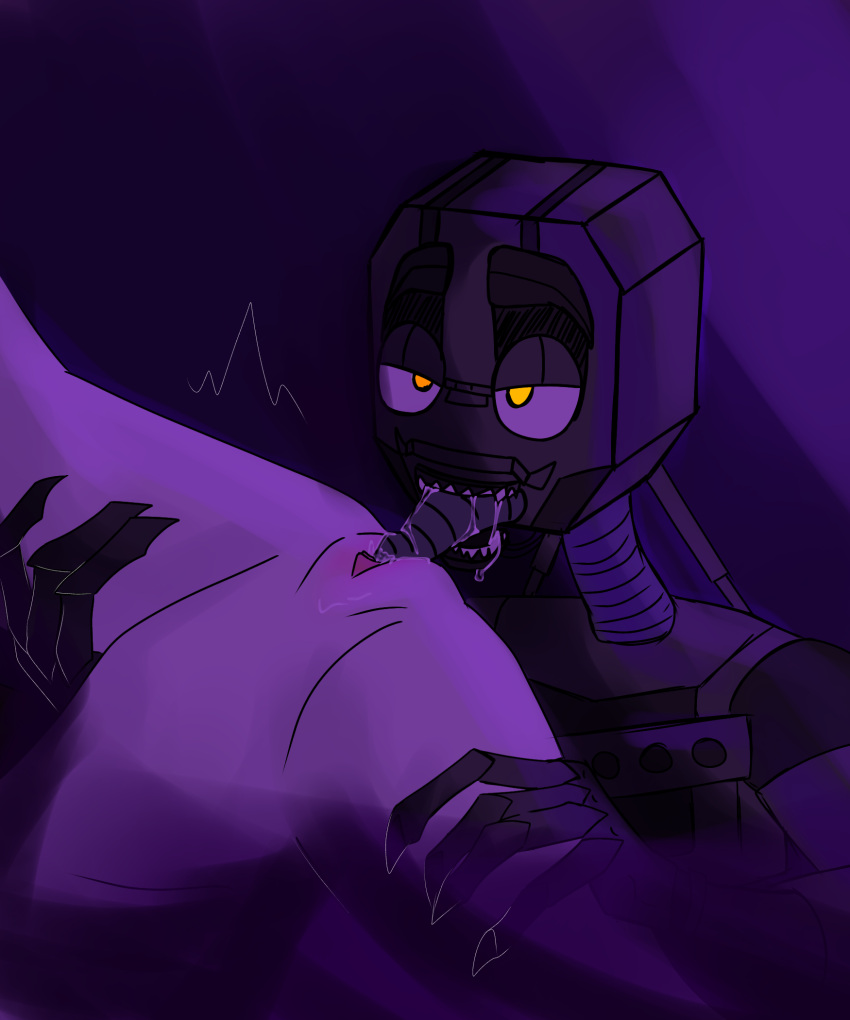 female five_nights_at_freddy's fnaf glowing_eyes purple robot spread_legs the_mimic_(fnaf) tongue tongue_in_pussy tongue_out