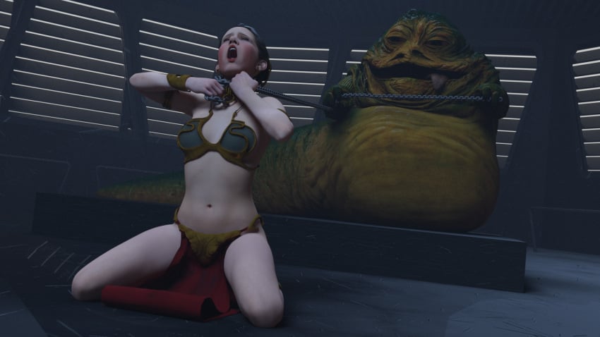 1girls 3d alexbridger asphyxiation belly_button belly_dancer belly_dancer_outfit brown_hair chain_leash chained choking enslaved_royal femsub harem_girl harem_outfit hutt imminent_vore jabba_the_hutt leash_pull loincloth medium_breasts princess_leia_organa slave slave_bikini slave_collar slave_leia slave_outfit slavegirl star_wars submissive_female tongue_out