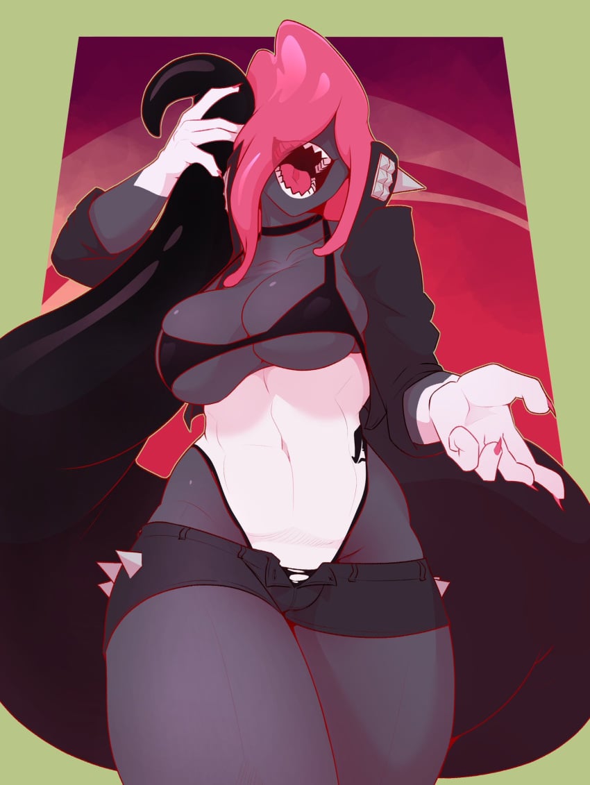 1girls big_mouth black_bra coat colored dabble demon demon_girl gloves hair_covering_eyes hidden_eyes horns lyuka multicolored_background nails painted painted_nails pink_hair pink_nails pointy_teeth ripped_clothing short_shorts spikes tail teeth_showing thick_thighs underwear white_underwear