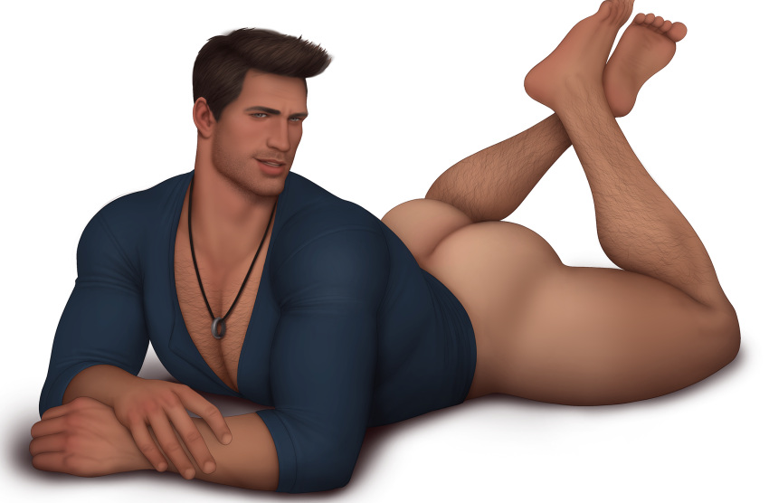 ass bottomless butt caucasian caucasian_male drawnpr0n laying_on_stomach legs_up looking_at_viewer male male_only muscles muscular muscular_male nathan_drake thick_thighs uncharted uncharted:_drake's_fortune