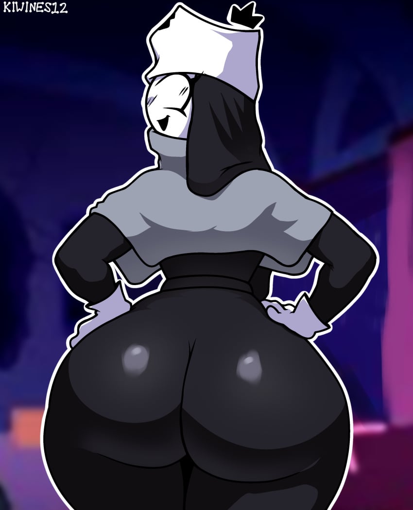 artist_name ass ass_focus big_ass big_butt black_clothing crown fat_ass female focus_on_ass friday_night_fever friday_night_funkin friday_night_funkin_mod gloves habit hand_on_hip kiwines12_(artist) looking_at_viewer no_sclera nun nun's_habit nun_outfit round_ass shiny_ass signature simple_background simple_shading smile smiling smiling_at_viewer solo taki_(fevertown) thick_thighs white_skin