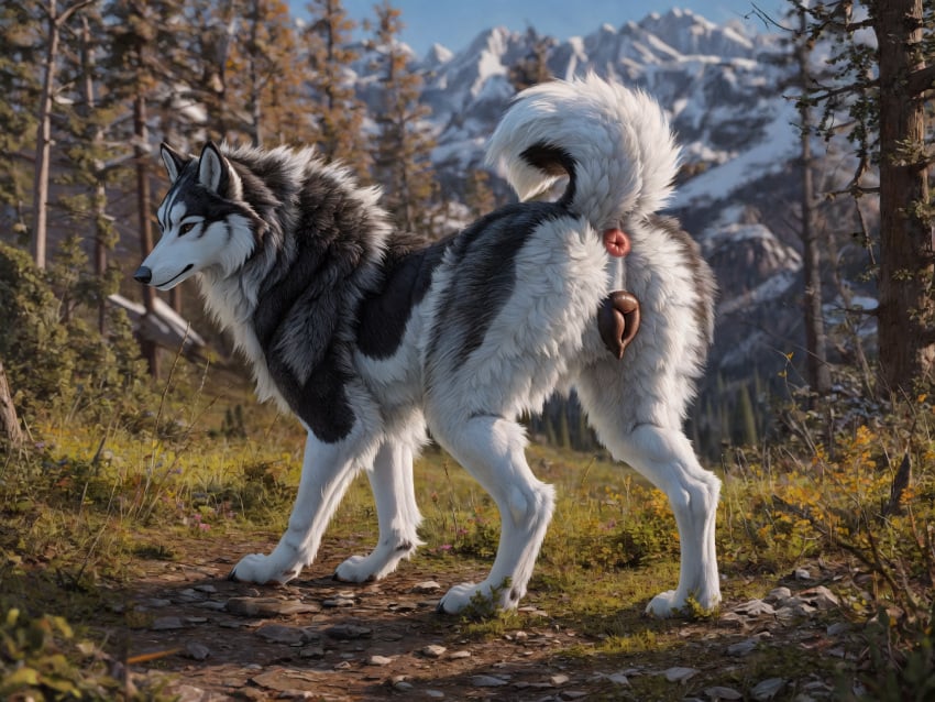 ai_generated alaskan_malamute animal_genitalia animal_pussy anus ass black_body black_fur black_nose black_pussy blp canid canine canine_pussy canis cheek_tuft curled_tail day detailed detailed_background detailed_fur domestic_dog ears_up facial_tuft female feral flower fluffy_fur forest fur fur_markings genitals gras grey_body grey_fur hi_res inner_ear_fluff light mammal markings mountains mouth_closed multicolored_body multicolored_fur nordic_sled_dog outside pink_anus plant presenting presenting_hindquarters pussy quadruped raised_tail rock solo solo_focus spitz standing sunlight three-quarter_view tree tuft whisker_spots white_body white_fur wide_hips