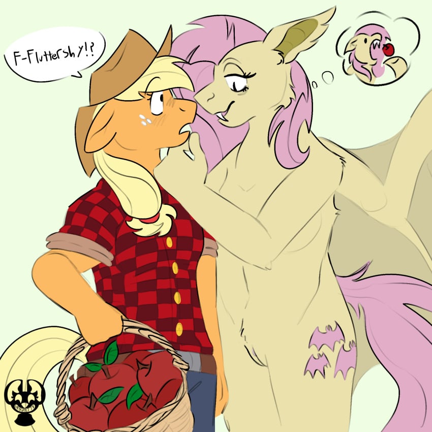 anthro apple apple_basket applejack_(mlp) basket bat_pony bat_wings belt belt_buckle blonde_hair blush bottomwear breasts buckle clitoris clothed clothing colored container covered_breasts covered_nipples cutie_mark digital_drawing_(artwork) digital_media_(artwork) dress_shirt duo earth_pony english_text equid equine female female/female flutterbat_(mlp) fluttershy_(mlp) food freckles friendship_is_magic fruit fur genitals hair hand_on_chin hasbro hat headgear headwear hi_res horse mammal membrane_(anatomy) membranous_wings my_little_pony mythological_creature mythological_equine mythology no_irises nude nude_anthro nude_female open_mouth pattern_bottomwear pattern_clothing pattern_topwear pegasus pink_hair pink_tail plaid plaid_bottomwear plaid_clothing plaid_topwear plant pony pussy shirt simple_background smile tail teeth text topwear vendette wings yellow_tail