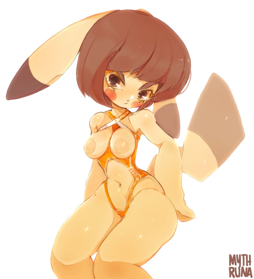 anthro anthrofied ass big_breasts breasts brown_eyes brown_hair clothed clothing eyeliner female fur generation_1_pokemon hi_res legwear leotard long_ears long_tail looking_at_viewer looking_away makeup mythruna nintendo nipples orange_clothing partially_clothed paws pikachu pokemon pokemon_(species) pokemorph presenting presenting_breasts red_cheeks short_hair solo tail thick_thighs yellow_body yellow_fur