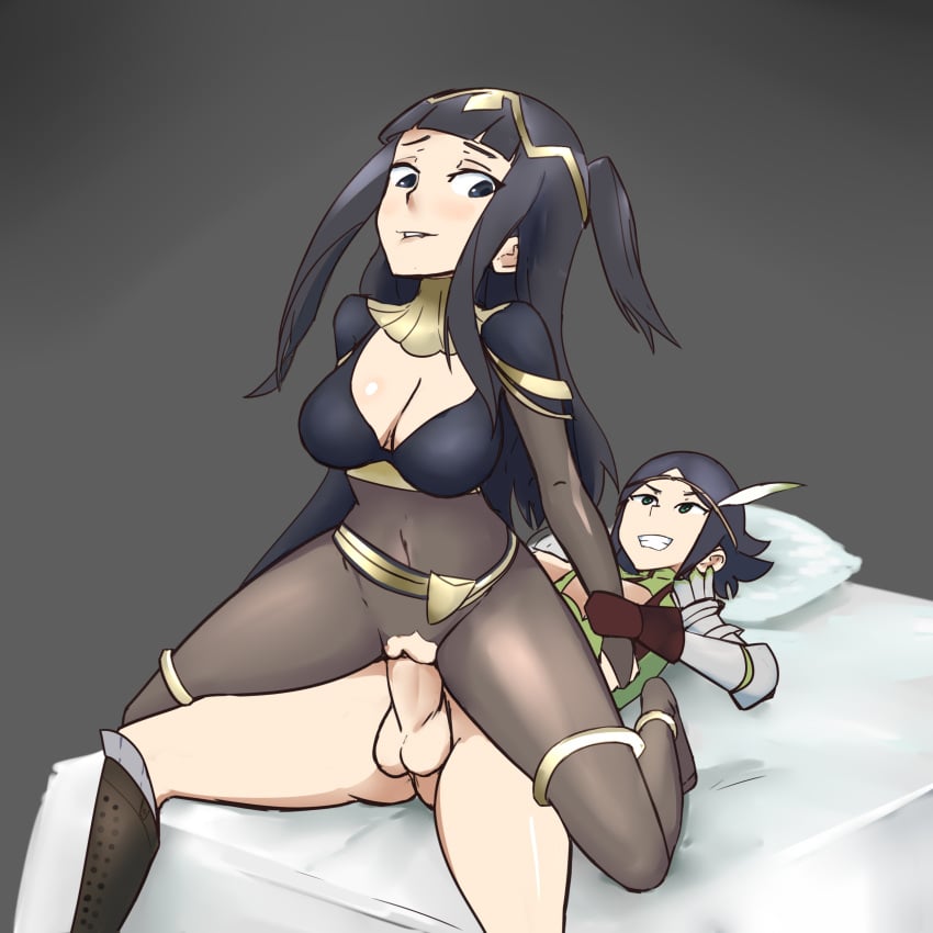 1futa 1girls breasts clothed clothing duo erection female fire_emblem fire_emblem_awakening futa_on_female futanari human incest light-skinned_female light-skinned_futanari light_skin mostly_clothed mother_and_daughter noire_(fire_emblem) oksandio on_back penis sex tharja_(fire_emblem) vaginal_penetration