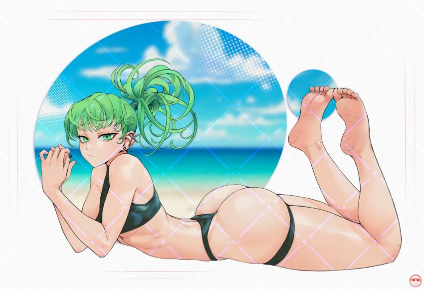 1girls bikini calad_g female female_only green_eyes green_hair looking_at_viewer one-punch_man ponytail small_breasts solo tatsumaki thick_ass thick_thighs