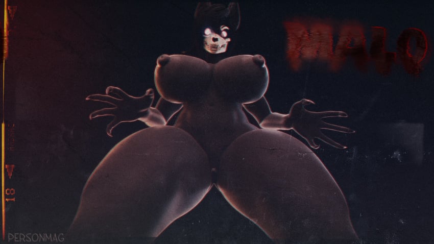 anthro big_breasts black_body black_hair bone breasts female genitals hair hi_res mal0 malo nipples nude pers0nmag pussy scp-1471 scp-1471-a scp_foundation simple_background skull skull_head solo