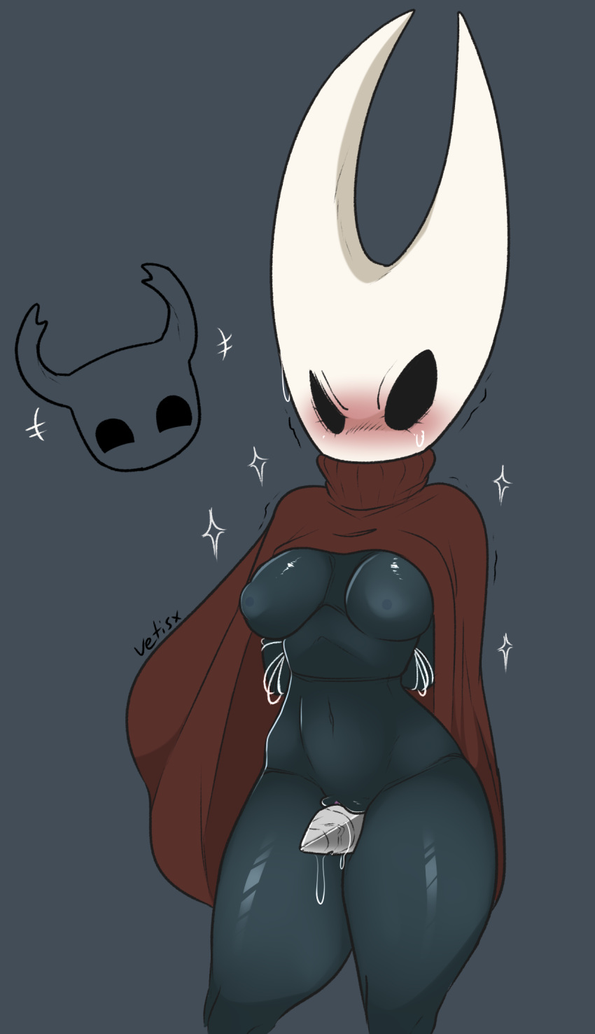 angry arms_behind_back arthropod big_breasts bondage bound bound_arms breasts cape cleavage cloak clothed clothing embarrassed female femsub grinding hands_behind_back hi_res hollow_knight hornet_(hollow_knight) hymenopteran insects legs_together partially_clothed protagonist_(hollow_knight) pussy pussy_juice red_cape restrained siblings thigh_sex tied_up vetisx wasp