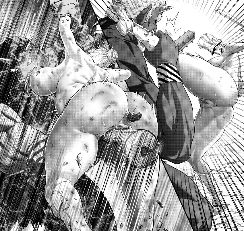 1boy absurdres anus armor ass beaten breasts broken broken_armor broken_weapon bruise club_(weapon) cunt_punt defeat female goddess_defeat:_reincarnation_valanowas greyscale high_kick highres horns huge_breasts injury kicking monochrome nude official_art oni pain pussy ran_(yamatoagu) ryona scat spiked_club sweat thick_thighs thighs torn_clothes violence weapon