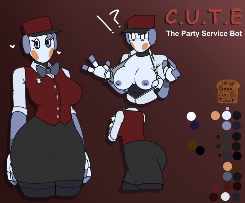 2024 2d 2d_(artwork) 2d_artwork areola areolae artist_logo artist_name beanontoast bowtie breasts c.u.t.e character_sheet female five_nights_at_freddy's five_nights_at_freddy's:_security_breach grey_skin hat nice_ass nipples original_character red_cheeks robot_girl staff_bot_(security_breach) thick_ass thick_thighs uniform