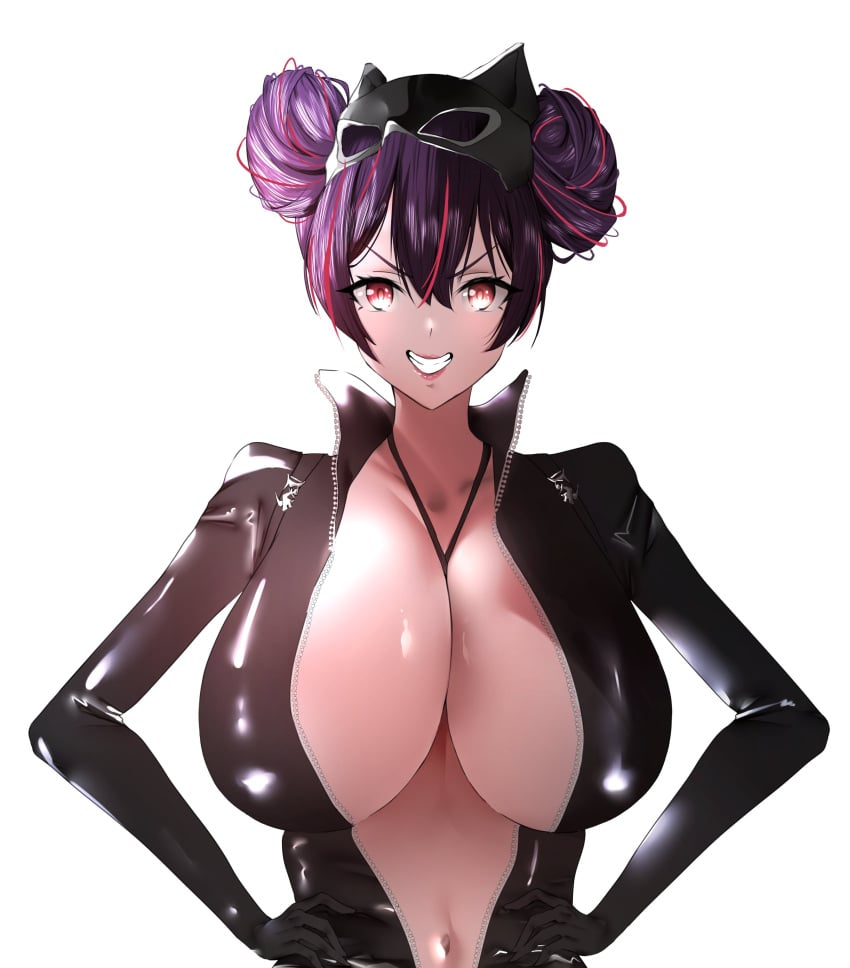 arms_on_waist between_breasts big_breasts black_bodysuit black_hair bodysuit eye_mask eyemask female female_only full-length_zipper goddess_of_victory:_nikke hair_bun hair_buns huge_breasts latex latex_bodysuit latex_clothing latex_suit mask mask_on_head open_bodysuit open_clothes pink_hair quency_(escape_queen)_(nikke) quency_(nikke) red_eyes solo unzipped zipper