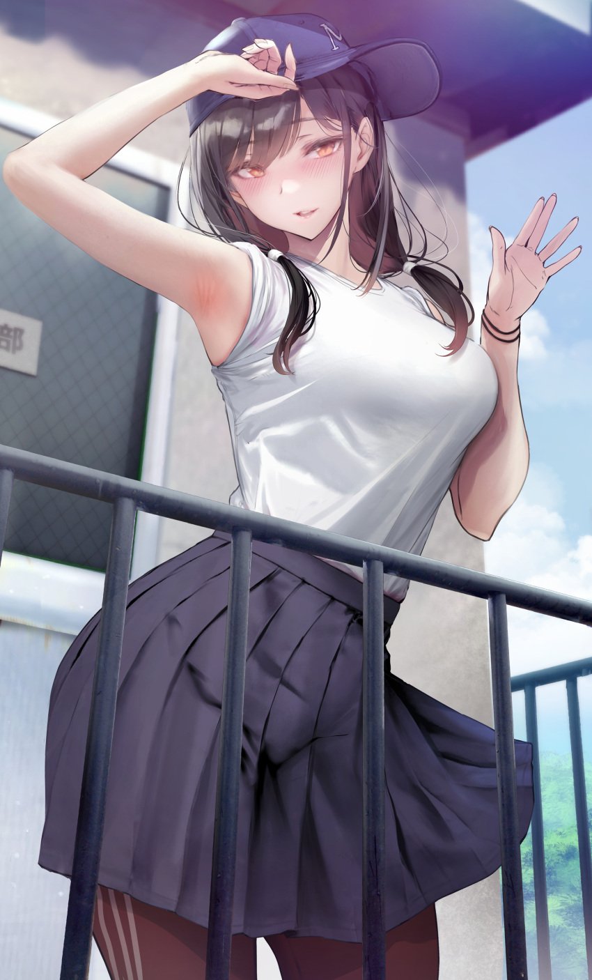 absurdres arm_up armpits bare_shoulders black_hair black_skirt blue_hat blush breasts club_manager_(gentsuki) female gentsuki hat highres looking_at_viewer orange_eyes original parted_lips pleated_skirt shirt shirt_tucked_in skirt sleeveless sleeveless_shirt solo white_shirt