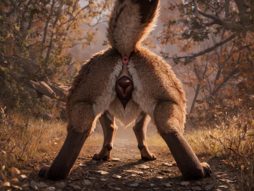 ai_generated animal_genitalia animal_pussy anus ass backlighting black_pussy blp brown_body brown_fur canid canine canine_pussy canis coyote detailed detailed_background detailed_fur female feral forest fur genitals golden_hour grass hi_res light lighting low-angle_view mammal multicolored_body multicolored_fur outside paws perineum pink_anus plant plump_labia presenting presenting_hindquarters pussy quadruped raised_tail rear_view rock shrub solo solo_focus sunlight tan_body tan_fur tree white_body white_fur wide_stance