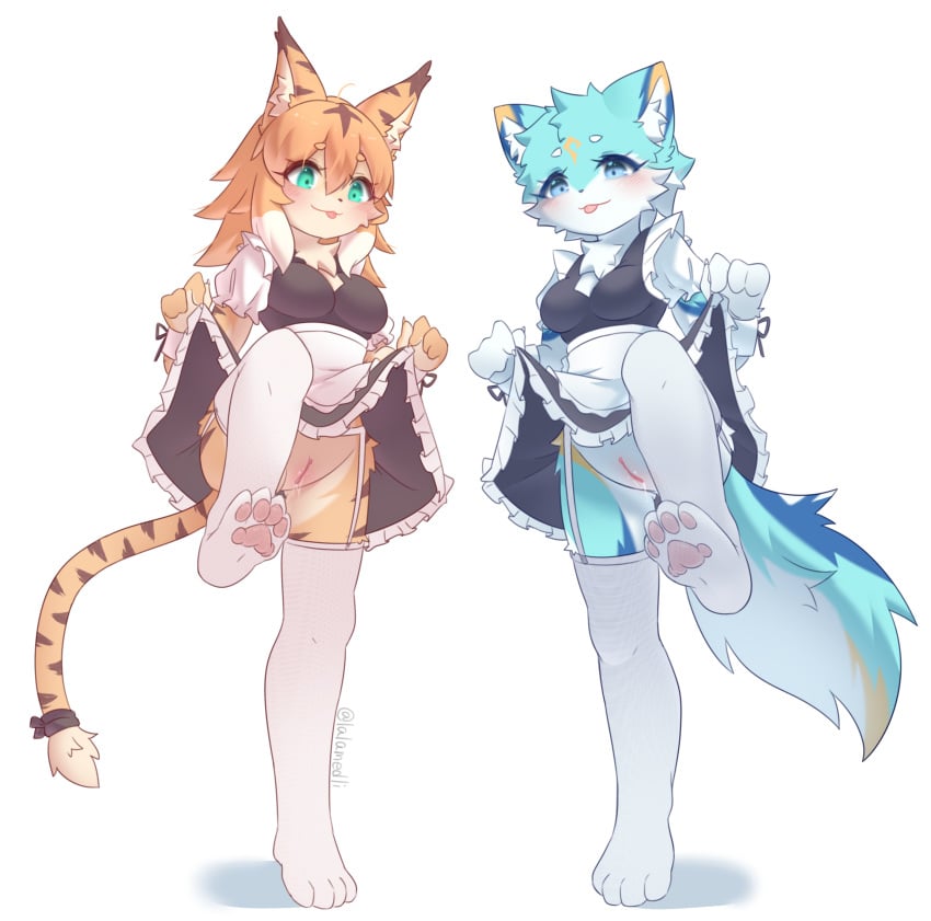 absurd_res animal_humanoid anthro bodily_fluids canid canid_humanoid canine canine_humanoid canis clothing cygames duo female female/female feral footwear furry genital_fluids genitals hi_res humanoid lalamedli maid_uniform mammal mammal_humanoid mia_(world_flipper) pussy socks uniform vaginal_fluids white_clothing white_footwear white_socks wolf wolf_humanoid world_flipper