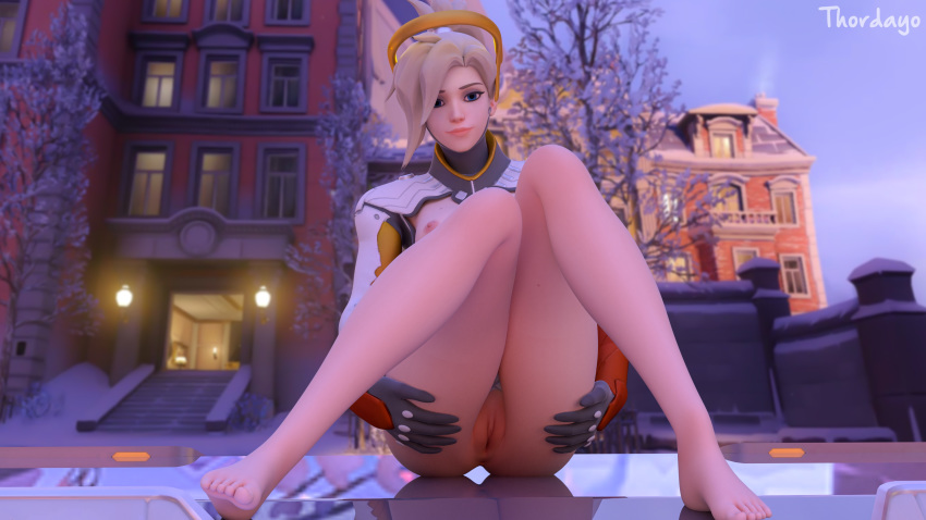 1girls 3d ass barefoot blizzard_entertainment blonde_hair blue_eyes breasts feet female mercy nipples no_panties outdoors overwatch pussy sitting smile solo tagme thordayo