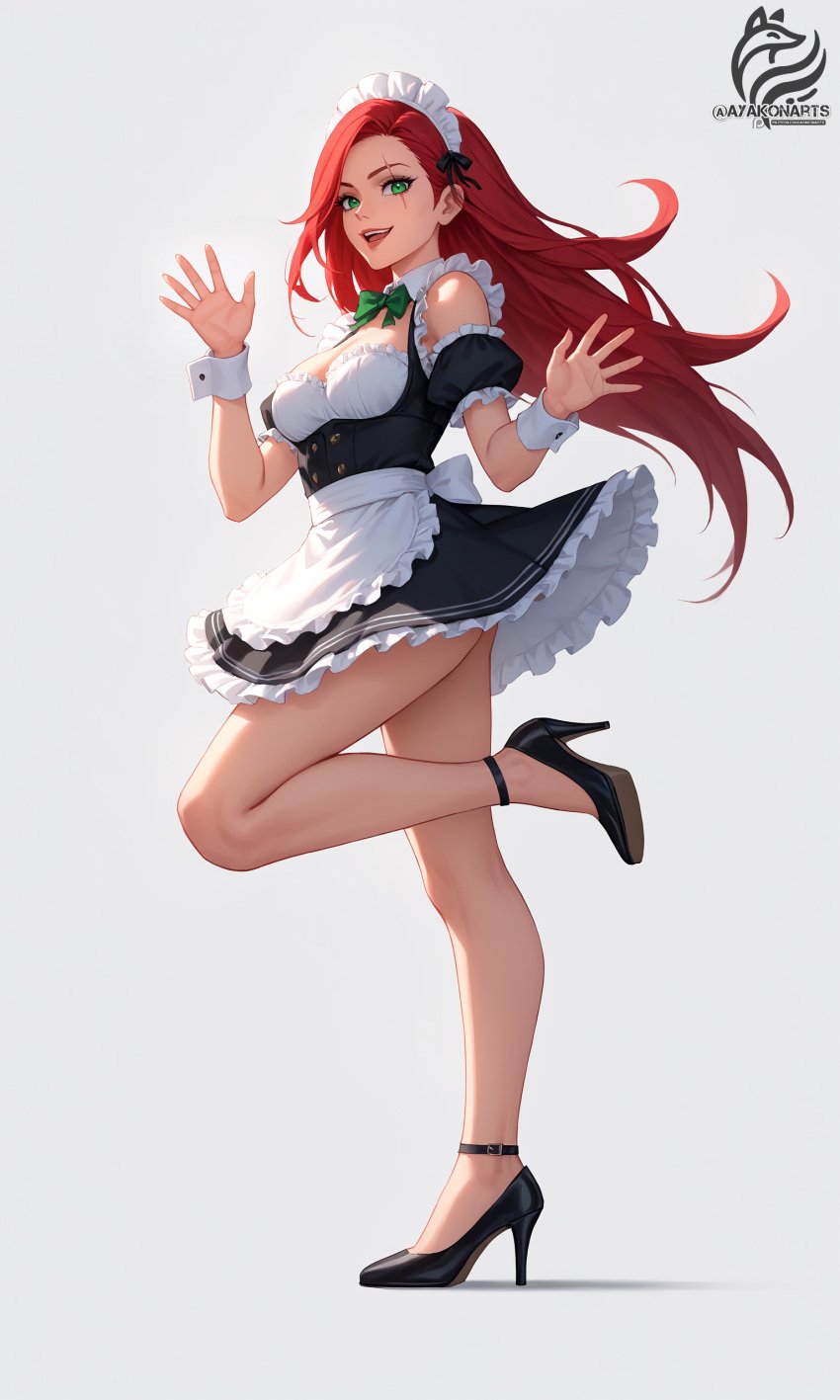 ai_generated ayakonarts green_eyes high_heels katarina_du_couteau league_of_legends maid maid_headdress maid_uniform red_hair