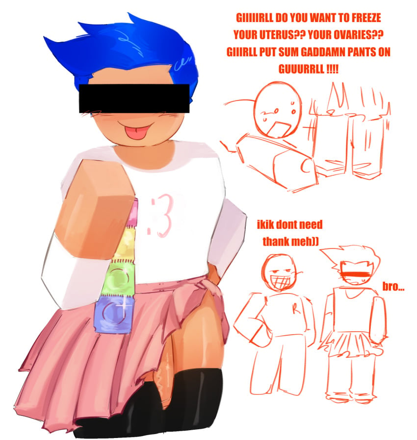 1boy 1male blue_hair censor_bar censored censored_eyes condom condoms dick femboy gift gift_art meme no_panties no_panties_under_skirt not_my_oc oc penis roblox roblox_avatar robloxian skirt