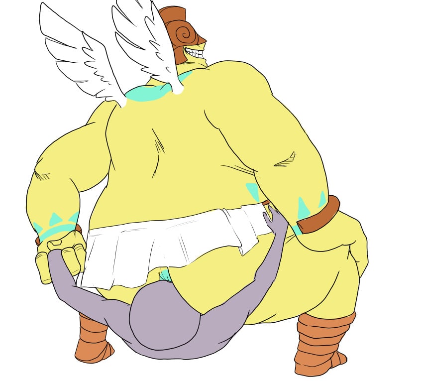 1boy 2024 ambiguous_gender angel angel_wings anus ass big_ass big_dom_small_sub bodypaint division068 face_in_ass facesitting garnyxel hand_holding helmet hi_res hip_grab human loincloth male/ambiguous monster monster_legends size_difference smile teal_anus video_games white_background wings yellow_body