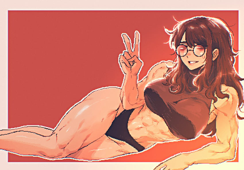 1girls abs brown_hair choi_jinseon_(spoiledmuffin) eyewear glasses hi_res looking_at_viewer lying muscular muscular_female on_side original pixel_art simple_background solo spoiledmuffin thick_thighs