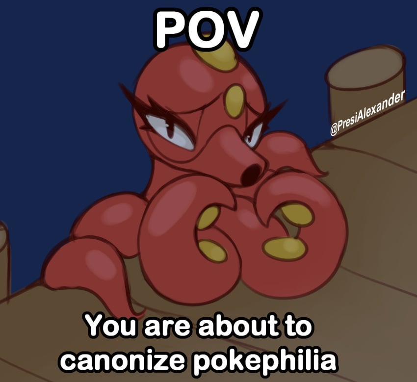 2024_pokemon_teraleak artist_name canon_couple dock embarrassed english_text eyelashes looking_at_viewer marine meme octillery octopus octopussy pokemon pokemon_(species) pokemon_gsc pokephilia pov president_alexander water