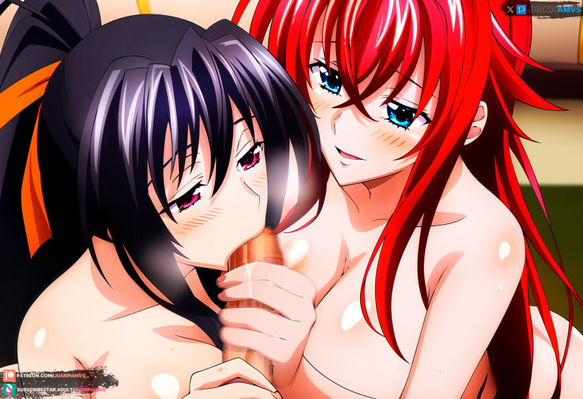 1boy 2girls 2girls1boy ai_generated akeno_himejima big_breasts blowjob blowjob_face blue_eyes blush dark_purple_hair handjob high_school_dxd juanpiamvs long_hair looking_at_another masturbating nude nude_female patreon patreon_username pink_eyes ponytail red_hair rias_gremory subscribestar subscribestar_username sucking sucking_penis watermark