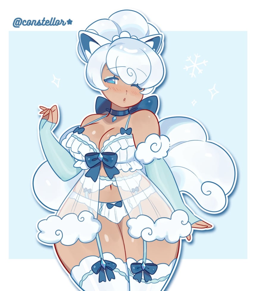 alolan_vulpix blue_eyes blush constellor curvy gijinka human large_breasts lingerie pokemon sugar_(constellor) thick_thighs vulpix white_hair wide_hips