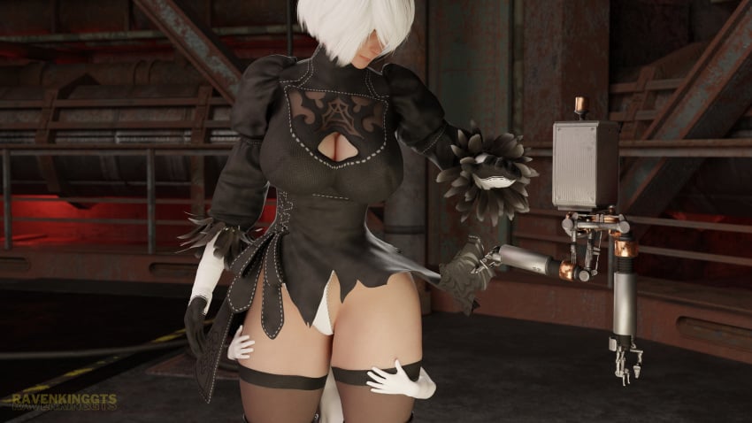 1girls 3d anon breasts clothing female female_focus giantess holding_thigh light-skinned_female light_skin mini_giantess nier nier:_automata pod_(nier) ravenkinggts ripped_clothing short_hair size_difference thighhighs torn_clothes white_hair yorha_2b