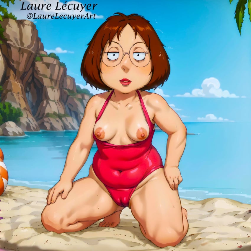 1girls 20th_century_fox 20th_century_studios ai_generated beach breasts breasts_out brown_hair cameltoe erect_nipples family_guy female female_only glasses kneeling laurelecuyer meg_griffin swimsuit thick_thighs