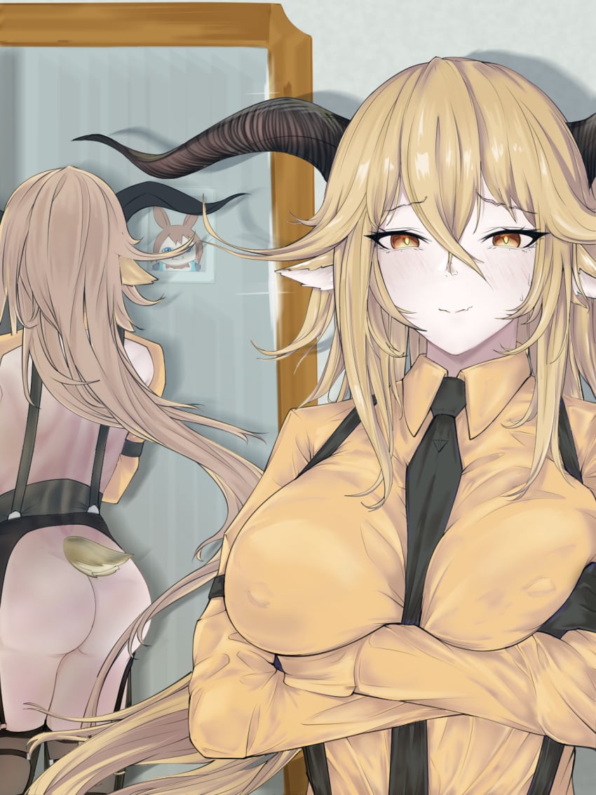 1girls 2024 3_iq_tuna animal_ears arknights ass ass_focus blonde_female blonde_hair blonde_hair blush degenbrecher_(arknights) hi_res horns kemonomimi light-skinned_female light_skin long_hair looking_at_viewer mirror mirror_reflection nipples nipples_visible_through_clothing no_panties smile solo tail yellow_eyes