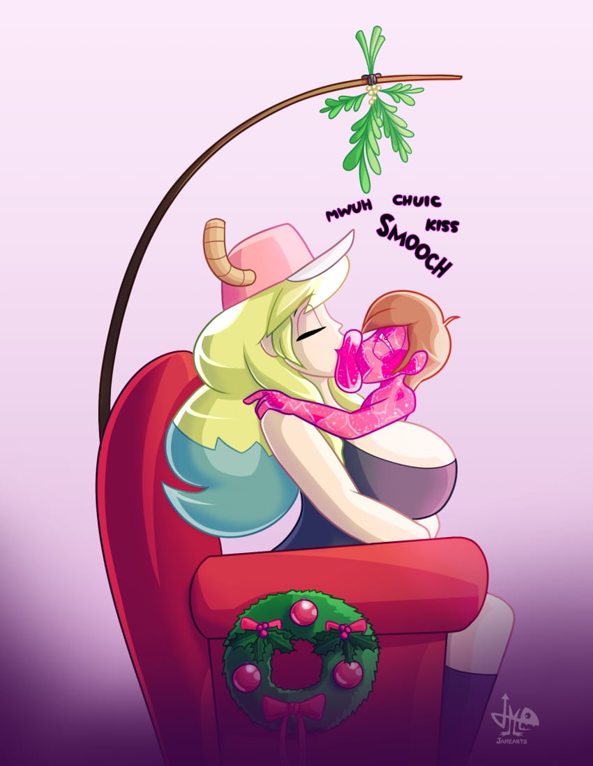 1boy 1girls 2d 2d_(artwork) antlers big_breasts big_lips black_tank_top blonde_hair breasts chair christmas closed_eyes eyelashes female hands_on_shoulders hat hi_res holidays human jamearts kiss_mark kissing kissing_fetish large_breasts lipstick lipstick_mark long_hair lucoa_(maidragon) male male/female miss_kobayashi's_dragon_maid mistletoe pink_lips pink_lipstick quetzalcoatl_(dragon_maid) tank_top two-tone_hair