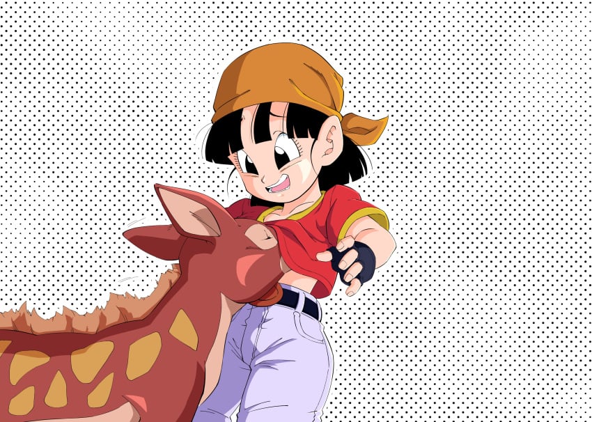 animal black_eyes black_hair deer dragon_ball dragon_ball_gt dragon_ball_super dragon_ball_z furry human pan_(dragon_ball) red_shirt short_hair