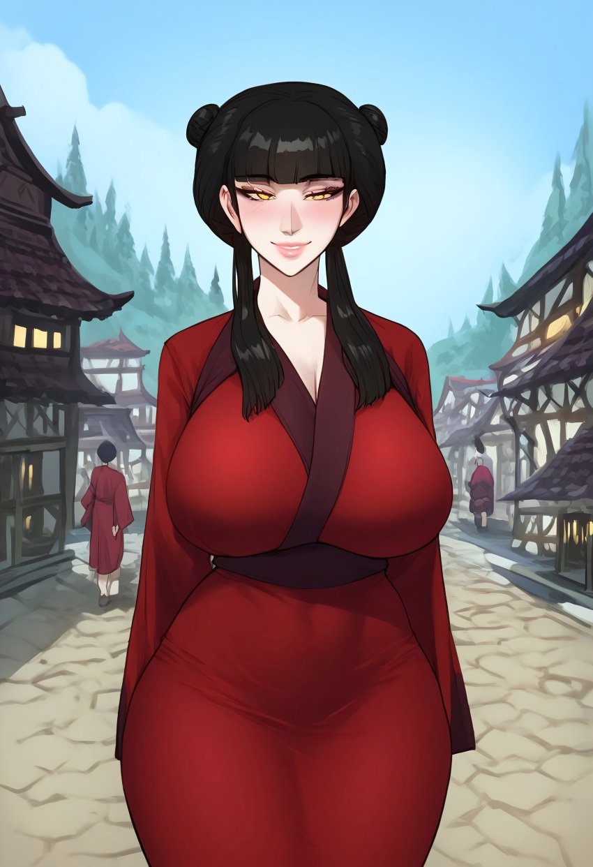 ai_generated amber_eyes avatar_the_last_airbender big_breasts breasts busty clavicle cleavage double_bun female female_focus goth goth_girl hairbun kimono large_breasts looking_at_viewer mai_(avatar) noblewoman outdoors pale-skinned_female pale_skin red_kimono seductive seductive_look seductive_smile sidelocks sleeves smile smiling_at_viewer solo solo_female solo_focus tummy