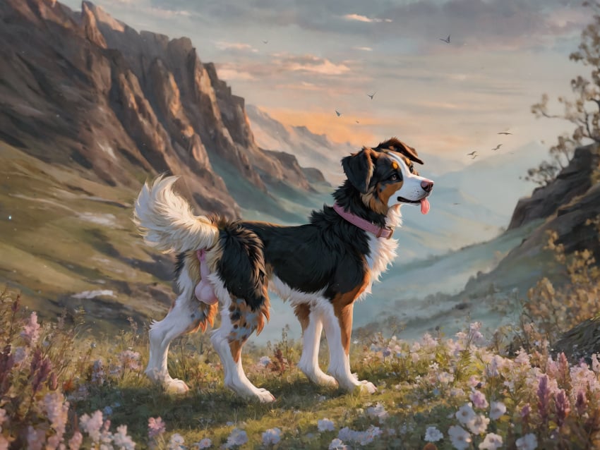 ai_generated anus ass australian_shepherd avian balls bird black_body black_fur black_lips blp brown_body brown_fur canid canine canis cheek_tuft chest_tuft circle_eyebrows cliff cloud collar day detailed detailed_background detailed_fur domestic_dog eyebrows facial_tuft feral field floppy_ears flower fur fur_markings genitals glistening glistening_eyes grass grey_body grey_fur herding_dog hi_res hill landscape light lips male male_only mammal markings mouth_closed multicolored_body multicolored_fur outside pastoral_dog perineum pink_anus pink_nose pink_tongue plant quadruped raised_tail sheepdog slim solo solo_focus standing sunlight three-quarter_view tongue tongue_out tuft whisker_spots white_balls white_perineum