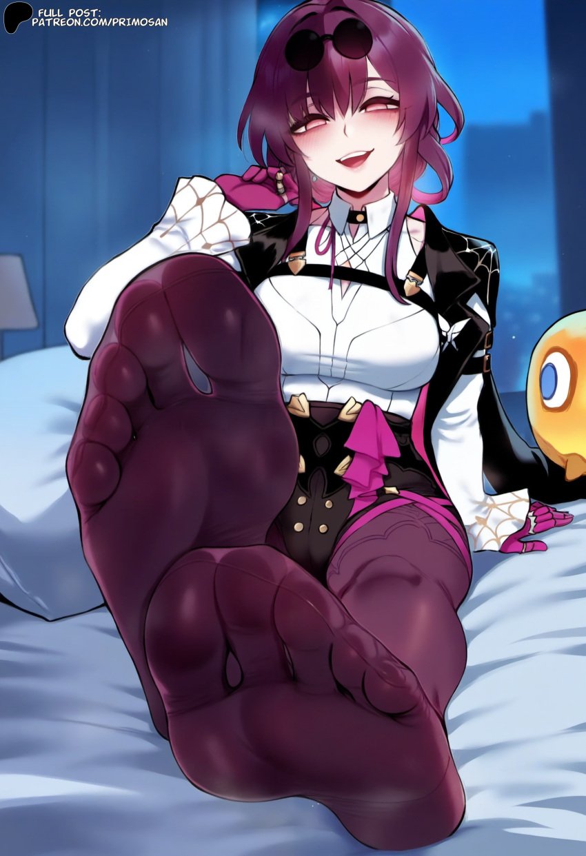 ai_generated eyewear_on_head feet feet_focus fingers foot_fetish gloves highres honkai:_star_rail jacket kafka_(honkai:_star_rail) large_breasts mature_female on_bed pantyhose primosan purple_eyes purple_hair purple_pantyhose short_hair shorts sitting white_shirt