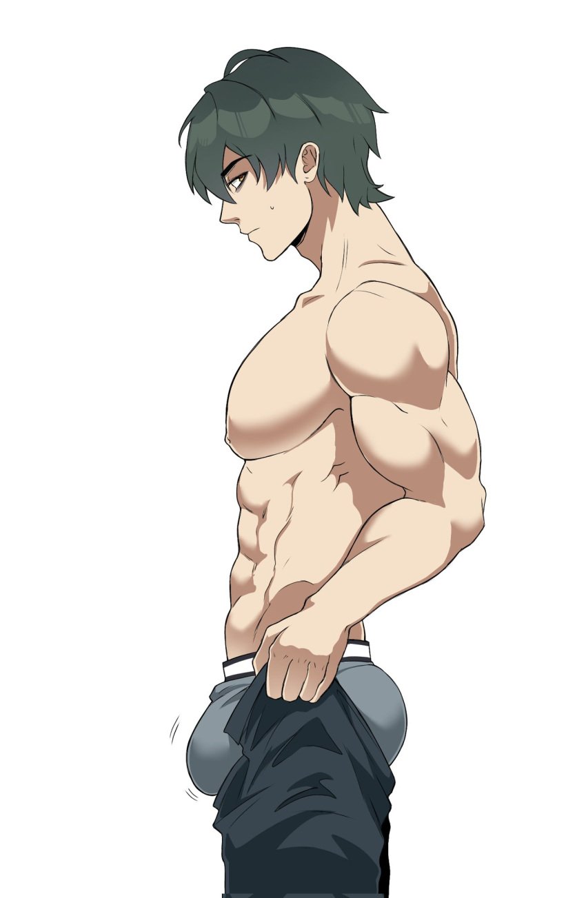 1boy abs boxers_(clothing) bulge lighter_(zenless_zone_zero) looking_at_viewer male_focus meme muscles muscular_male proxima putting_clothes_on solo_focus tight_clothing tight_pants_(meme) underwear zenless_zone_zero