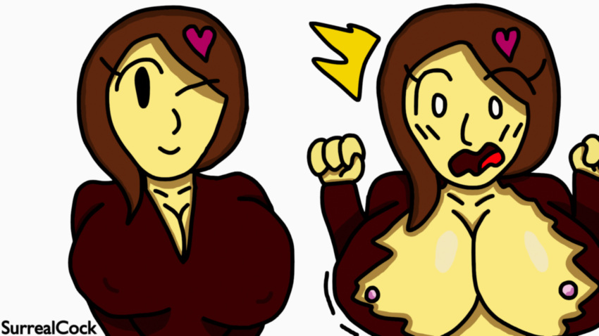 1girls accidental_exposure amateur_artist breasts breasts_out brown_hair shocked shocked_expression simple_background simple_coloring simple_shading surrealcock trace_(surrealcock) wardrobe_malfunction