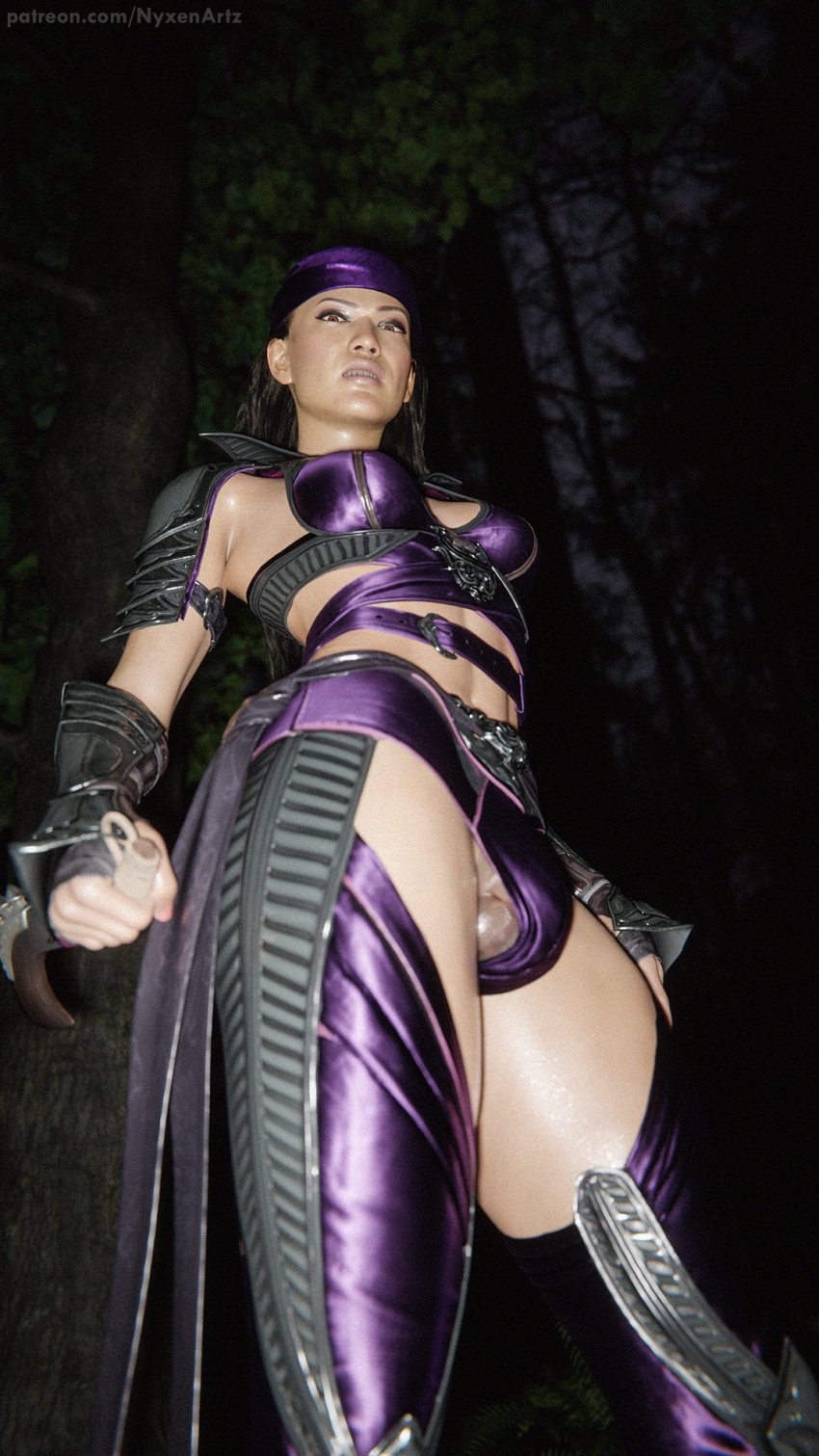 3d bulge bulge_through_clothing caption dominant_female flaccid futa_only futanari li_mei looking_at_viewer mortal_kombat mortal_kombat_1_(2023) nyxenartz self_upload sweat sweating thighs