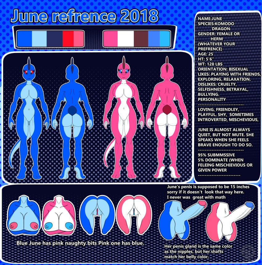 2018 absurd_res alternate_color anthro areola arm_under_breasts ass balls big_breasts blue_areola blue_background blue_body blue_eyes blue_glans blue_nipples blue_pussy blue_scales blue_skin breasts color_swatch digital_media_(artwork) dotted_background erection female genitals glans herm hi_res intersex june_(justathereptile) justathereptile komodo_dragon lizard looking_at_viewer model_sheet monitor_lizard nipples non-mammal_breasts nude pattern_background penis pink_areola pink_glans pink_nipples pink_pussy pussy red_eyes reptile rule_63 scales scalie scutes simple_background smile solo tail tiptoes watermark