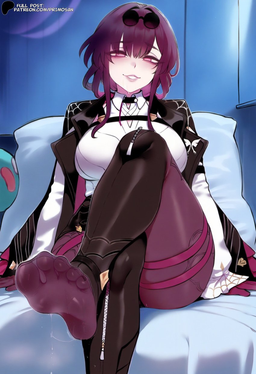 ai_generated eyewear_on_head feet feet_focus fingers foot_fetish gloves highres honkai:_star_rail jacket kafka_(honkai:_star_rail) large_breasts looking_at_viewer mature_female pantyhose primosan purple_eyes purple_hair purple_pantyhose short_hair shorts white_shirt