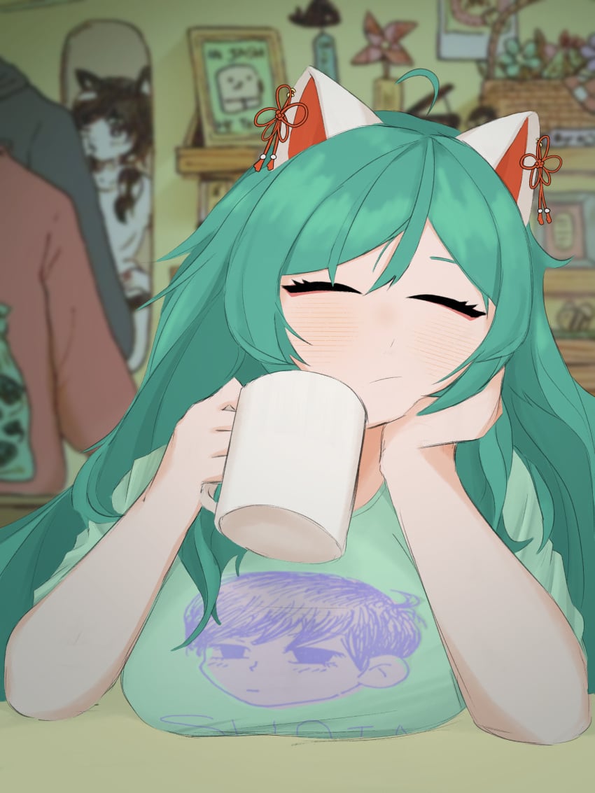 big_breasts bored cat_ears coffee coffee_mug confusedsabron drawing holding_cup just_woke_up no_nipples no_she_just_bored omocat omori otaku sfw untied_hair