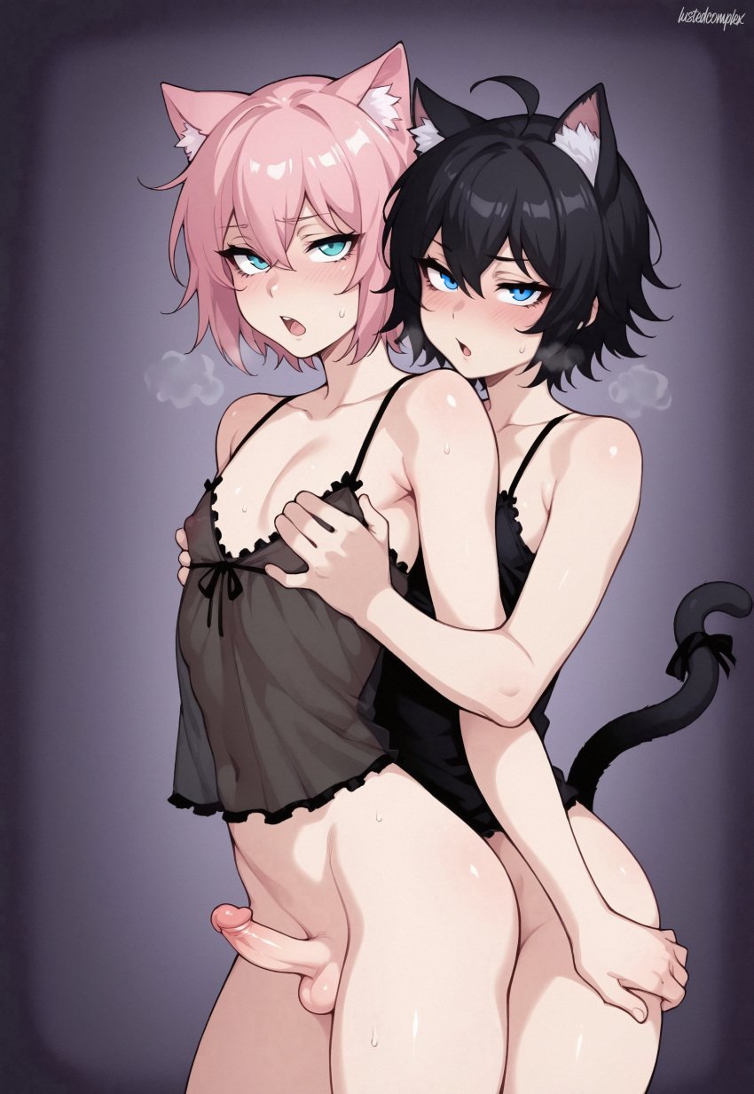 2boys 2femboys ai_generated ambiguous_penetration aqua_eyes black_gown black_hair blue_eyes blush blushing blushing_at_viewer bottomless cat_ears cat_tail catboy crossdressing crossdressing_male cute_bois cute_expression cute_face cute_femboy duo duo_focus duo_male femboy femboy_on_femboy gay girly girly_boy hand_on_breast hand_on_thigh heavy_breathing in_heat looking_at_viewer lustedcomplex male_on_male male_only medium_hair nightgown nipples nipples_visible_through_clothing original otoko_no_ko otokonoko penis pink_hair sissy small_penis standing steam straight_to_gay sweat sweating sweaty_face tomgirl trap trap_on_trap twink uncensored yaoi