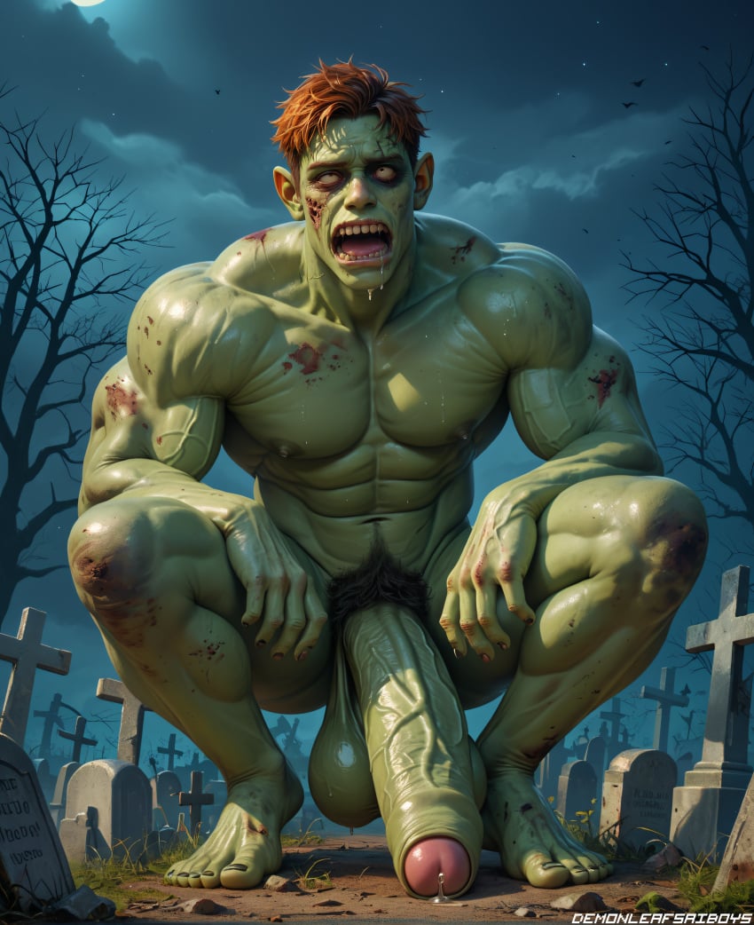 1male 1monster ai_generated arms_on_thighs bad_teeth brown_hair cemetery cloudy_sky creepy dead_eyes dead_tree demonleafs dirty_body drooling eyes_rolling_back feet foreskin ginger_hair grass graveyard green_body green_skin horny huge_balls huge_cock huge_cock huge_feet long_penis muscles muscular muscular_male night open_mouth path precum precum_on_ground pubes saliva saliva_drip scary smelly solo solo_focus solo_male squatting stable_diffusion stench stupid stupid_looking tombstone zombie