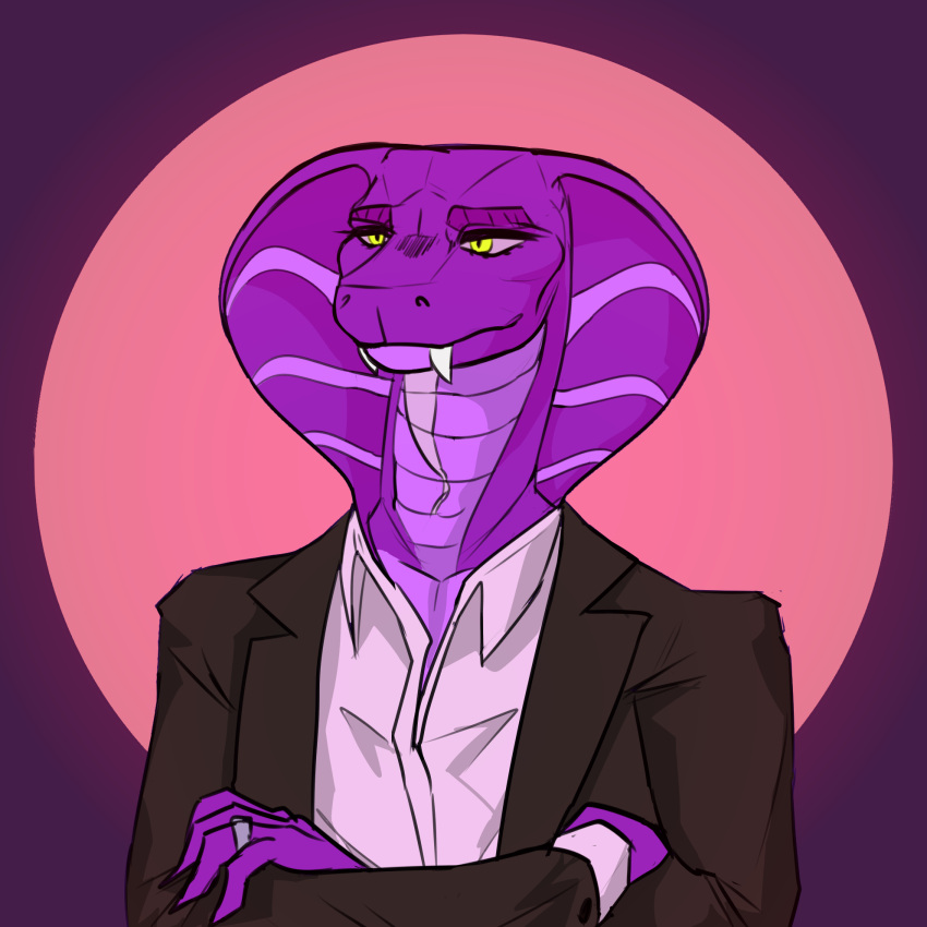 cobra jacket male male_only purple_body purple_skin reptile reptile_humanoid scales scalie simple_background smile snake snake_hood yellow_eyes zmeyuka_dh_(character)