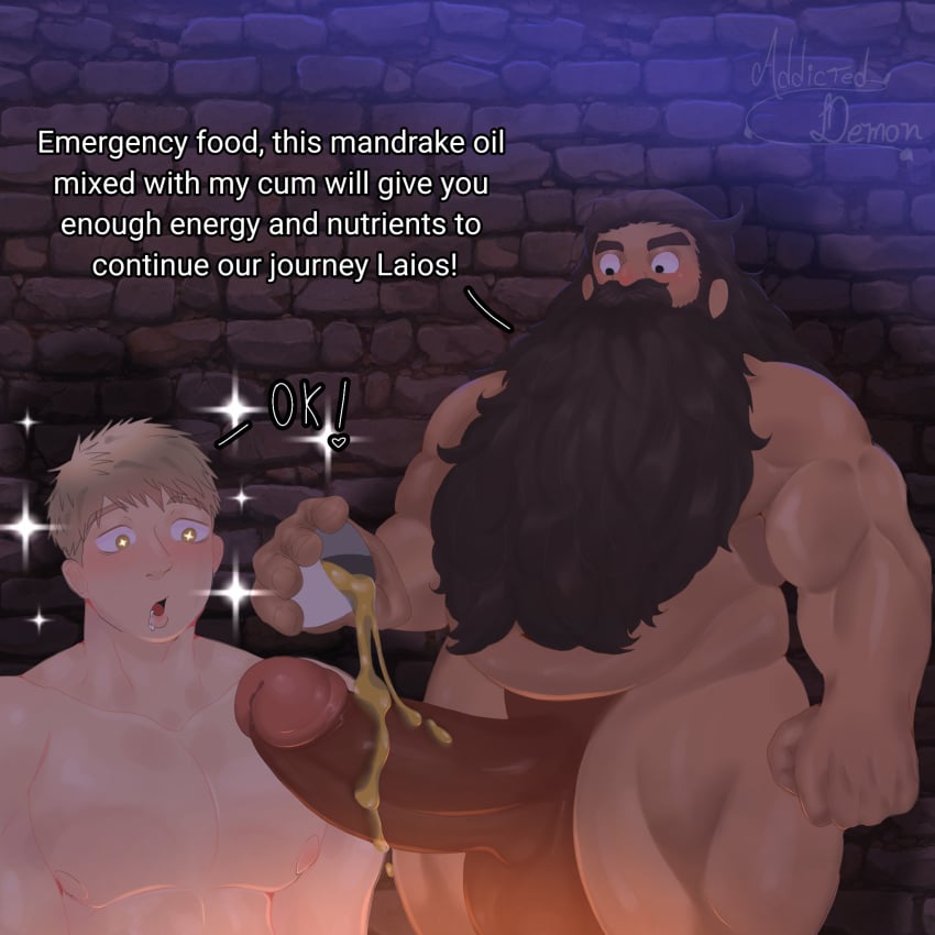 addicted_demon bara beard belly big_chest big_muscles big_penis dungeon_meshi gay gay_sex hairy hairy_male laios_touden male/male muscles muscular_male nsfw oil self_upload senshi_(dungeon_meshi)