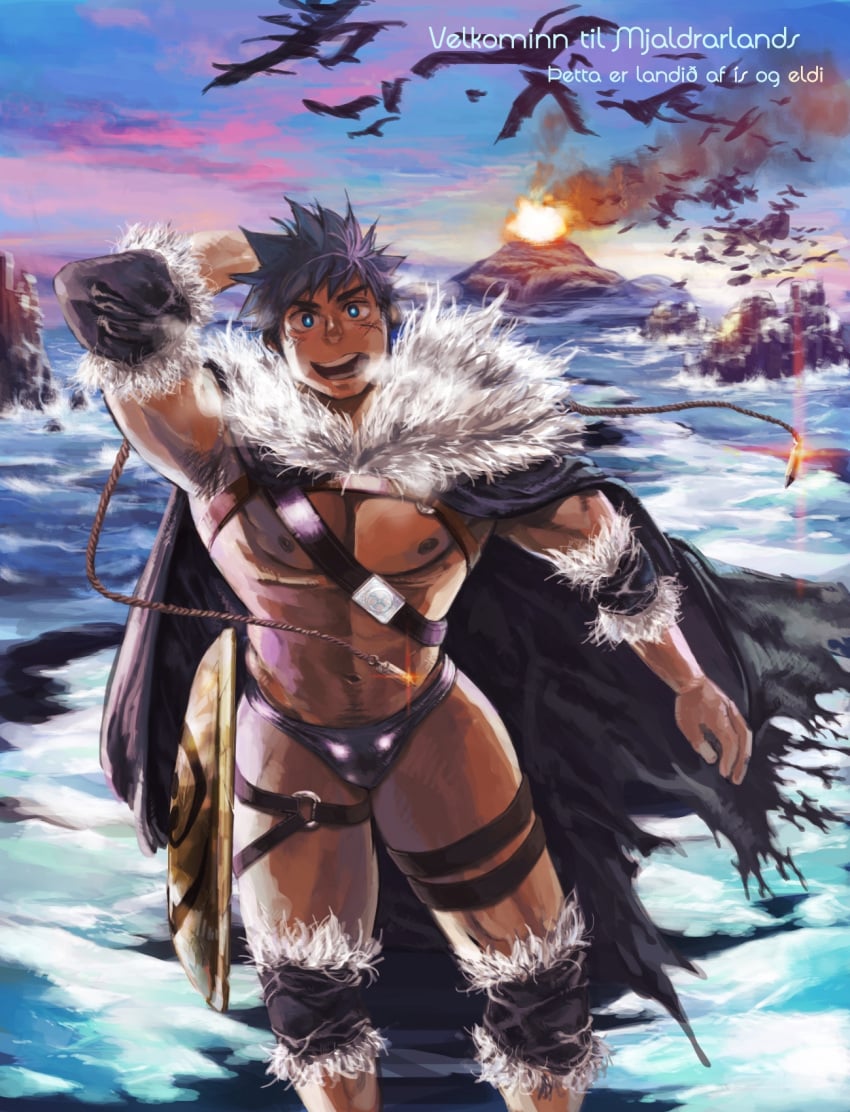 1boy armpit_hair armpits arms_up bara big_breasts bird black_hair blue_eyes buckle bulge bulge_through_clothing cape elbow_pads feathers hands_behind_head icelandic kneepads looking_at_viewer male male_only muscles muscular muscular_arms muscular_legs muscular_male muscular_thighs open_mouth original original_character pecs seaside shield shina_(mjaldrarland) short_hair skimpy skimpy_clothes standing steamy_breath straps text thick_thighs thong viking volcano wave