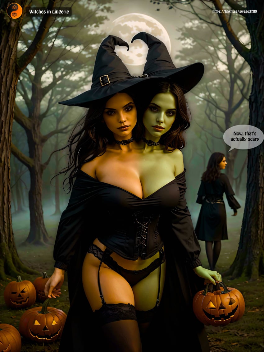 2heads ai_art ai_artwork ai_generated autumn big_breasts black_clothes black_hat black_legwear black_lingerie black_lingerie_panties black_panties black_stockings black_thong brown_hair cleavage cleavage_cutout cloak conjoined conjoined_twins conjoinment_fetish curvy curvy_body curvy_female curvy_figure curvy_hips dialogue female female/female female_only fog foggy foggy_background full_moon girded_dress girdle green_skin halloween halloween_costume holding_pumpkin huge_breasts interracial leaves leaves_on_ground lingerie magic magical_girl night night_sky nighttime october_(month) orange_skin pumpkin pumpkin_patch pumpkins seaart.ai sister sisters speech_bubble swago3789 twins two_heads two_tone_body two_tone_skin witch witch_costume witch_hat witches