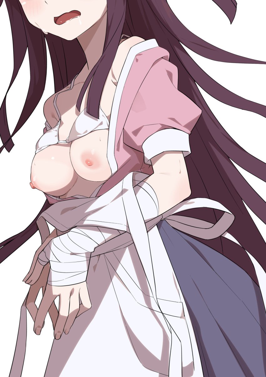 apron bandaged_arm bandages blush bra bra_lift breasts breasts_out brown_hair danganronpa_(series) danganronpa_2:_goodbye_despair female highres long_hair morisobo nipples open_mouth puffy_short_sleeves puffy_sleeves saliva short_sleeves simple_background solo sweat sweatdrop tsumiki_mikan underwear white_apron white_background white_bra